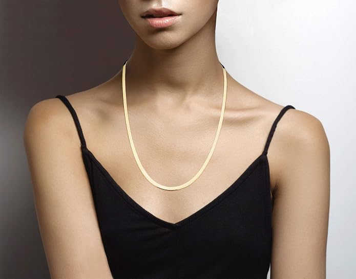 Miabella Italian Solid 925 Sterling Silver, 18Kt Gold Plated 4.5mm Flexible Flat Herringbone Chain Necklace Women, Made in Italy