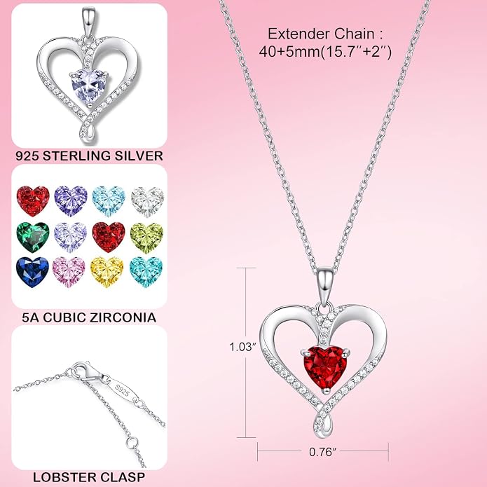 Birthstone Necklace for Women, 18K White Gold Heart Necklace Filled 925 Sterling Silver, Diamond Womens Jewelry Christmas Gifts for Women Wife