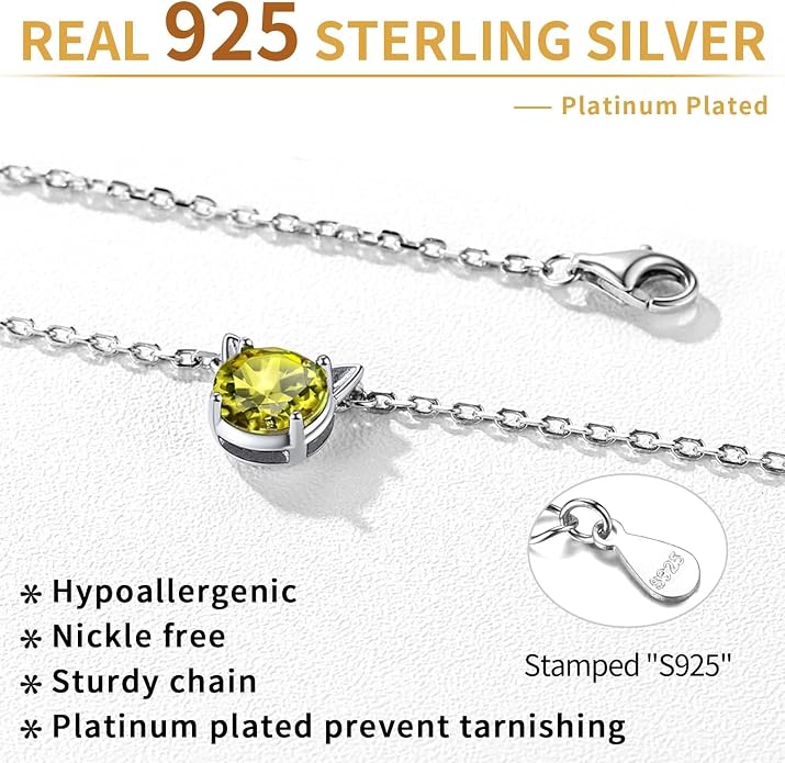 ChicSilver Bow and Cat Birthstone Necklace, 925 Sterling Silver Pendant Necklaces for Women, Hypoallergenic Silver Choker with 16 inch Rolo Chain, 12 Months Jewelry for Valentines Mothers Day Christmas