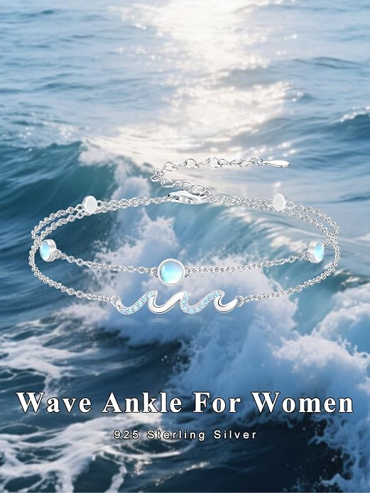 Wave/Dolphin Bracelet/Sea Turtles Anklet 925 Sterling Silver Adjustable Moonstone Bracelet/Anklet Summer Ocean Jewelry Gifts for Women