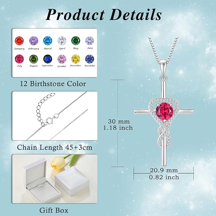 Cross Necklace for Women 925 Sterling Silver Infinity Birthstone Pendant Necklace Religious Christian Jewelry Gifts Wife Mom Her