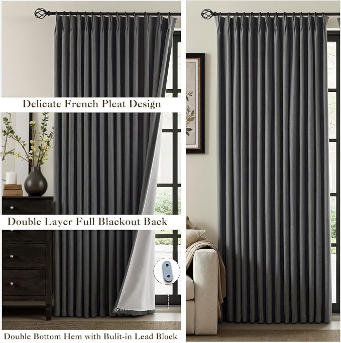 IVAPUPU Linen Pinch Pleated 100% Blackout Curtains for Bedroom - 2 Pages Black Out Grey Curtains 84 Inch Long 2 Panel for Living Room Darkening Thermal Window Curtain Drapes with 16pc Hooks