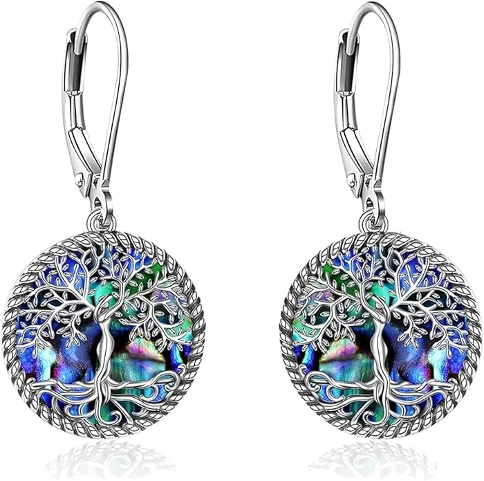 Tree of Life Dangle Drop Earrings Round Tree of Life Abalone Shell Earrings Dainty Abalone Shell Jewelry Gifts for Women