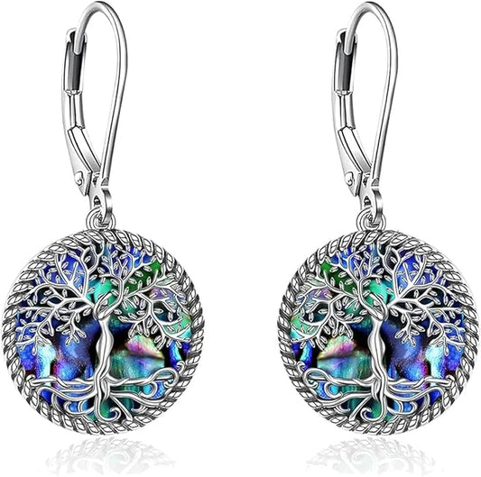 Tree of Life Dangle Drop Earrings Round Tree of Life Abalone Shell Earrings Dainty Abalone Shell Jewelry Gifts for Women