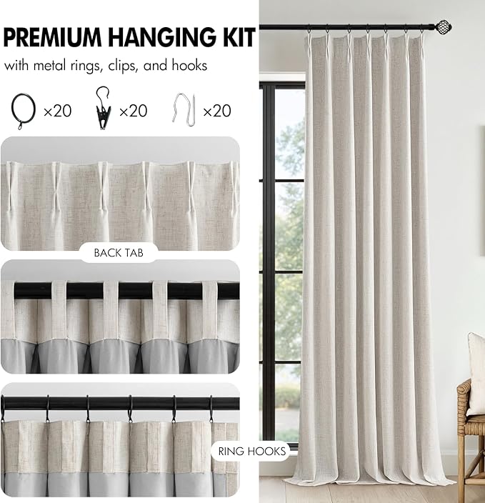 MIULEE Birch Pinch Pleated 100% Blackout Linen Curtains for Bedroom, Room Darkening Memory Trained Light Blocking Window Curtains 84 inches Long for Living Room, Black Out Pleat Drapes, 2 Panels