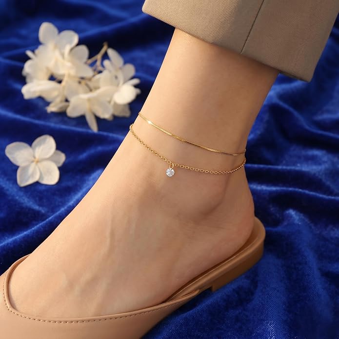 Layered Anklet for Women, 18K Gold Plated Stainless Steel Dainty Double Chain Ankle Bracelet, Minimalist CZ Foot Jewelry Gift
