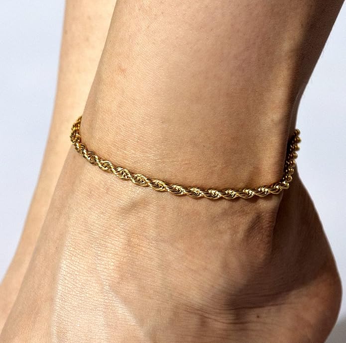 LIFETIME JEWELRY Womens Gold Anklet 5mm Rope Chain Ankle Bracelet 24k Real Gold Plated