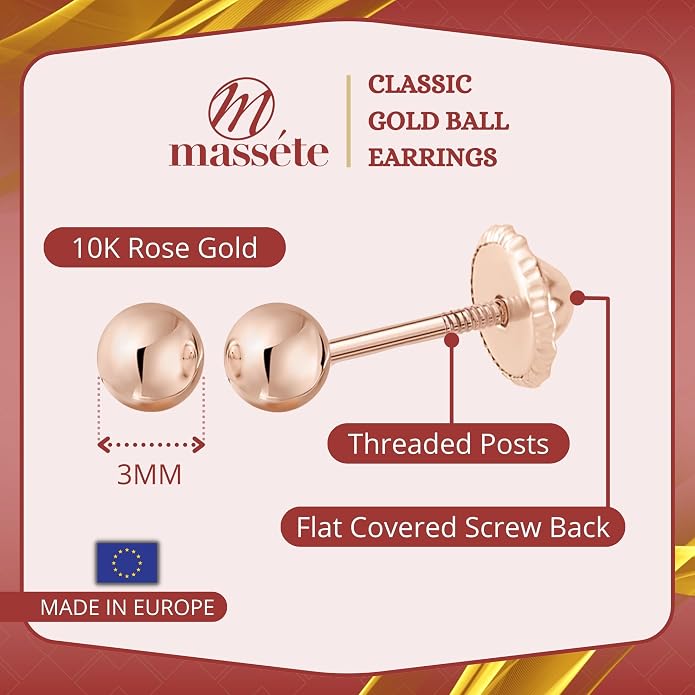 MASSETE Gold Ball Stud Earrings for Women and Girls Screwback | 10k, 14k, 18k | White Yellow or Rose Gold | 3mm 4mm 5mm | Nickel Free
