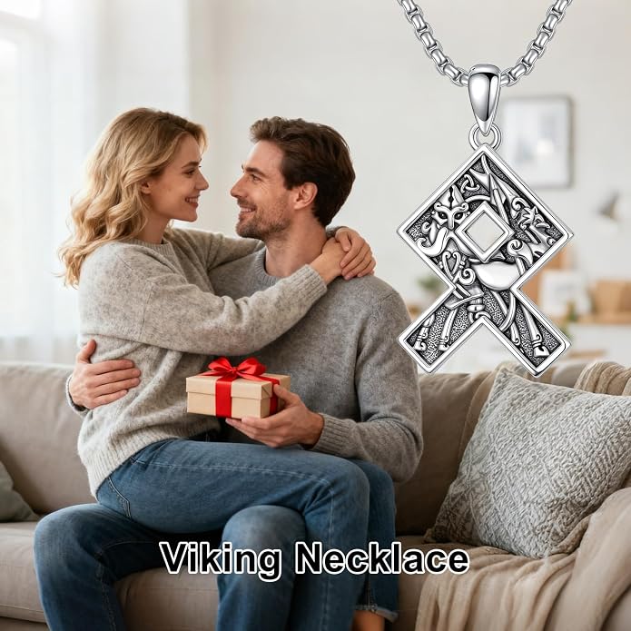 Viking Necklace 925 Sterling Silver Viking Rune Letter Pendant Norse Jewelry Gifts for Men Father