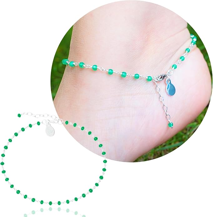 Dainty Gemstone Anklet for Women – 10 Inch Adjustable Anklet with 1 Inch Extender, Gold or Silver Plated Foot Jewelry, Minimalist Boho Style Gift