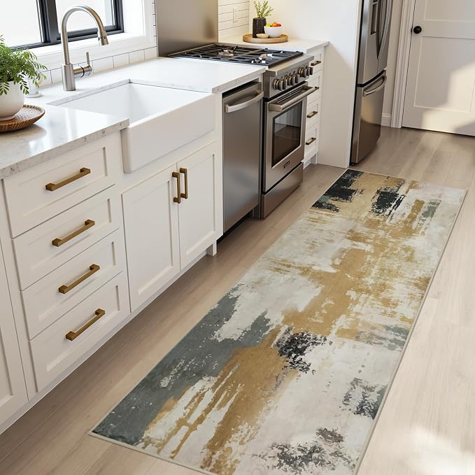 Joydeco 2x6 Washable Runner Rug for Hallway, Modern Abstract Non-Slip Soft Rugs, Low Pile Carpet for Entryway, Bedroom, Kitchen, Laundry, White &Beige & Dark Gray