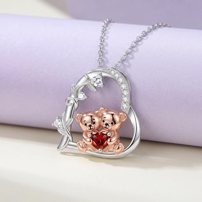 PELOVNY Teddy Bear Necklace for Women 925 Sterling Silver Bear/Highland Cow/Fox/Cat/Axolotl Birthstone Necklace Christmas Birthday Jewelry Gifts for Mom Daughter Wife Sister