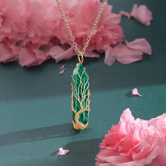 VIBILIA Healing Crystal Necklace Tree of Life Wire Wrapped Natural Stone Point Pendant Necklace Hexagonal Reiki Spiritual Quartz Gemstone Jewelry for Women Men