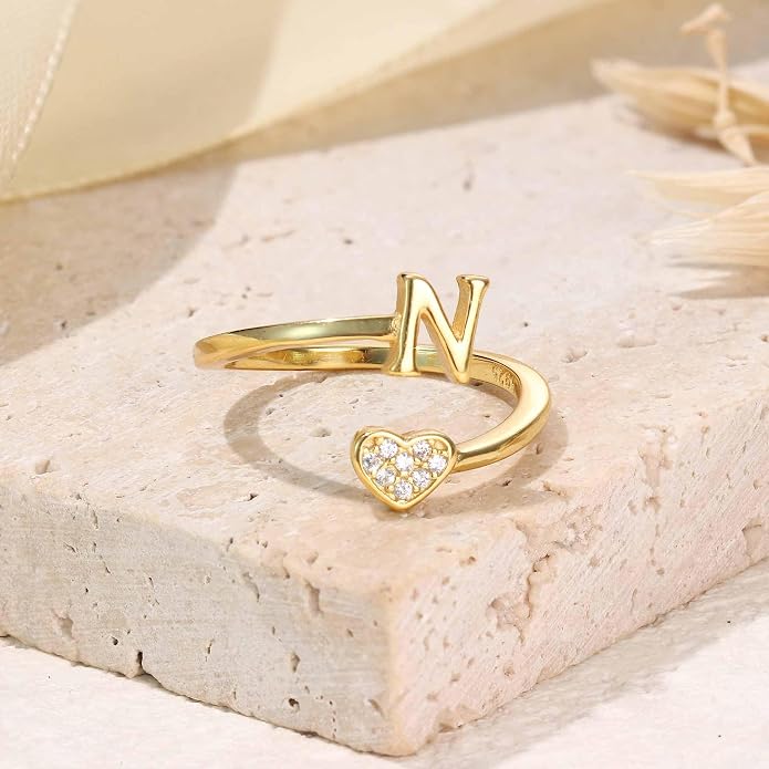 MILACOLATO 925 Sterling Silver Initial Rings for Women Teen Girl 18K Gold Plated Heart Initial Rings Adjustable Capital Letter Ring Stackable Thumb Pinky Rings for Daughter Birthday Bridesmaid Gifts Jewelry, A to Z