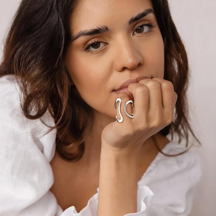 Gelbesty Waterproof Gold Statement Rings for Women, 14K Gold Plated Chunky Open Stackable Rings Non Tarnish Fashion Adjustable Stainless Steel Pinky Knuckle Signet Vintage Ring Jewelry Size 5-11
