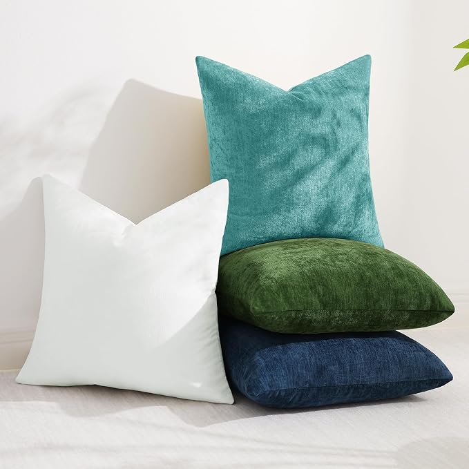 decorUhome Soft Chenille Turquoise Throw Pillow Covers 22X22 Set of 2 | Decorative Fall Couch Pillow Covers Solid Dyed Accent Modern Euro Sham Farmhouse Neutral Square Pillow Cases for Sofa