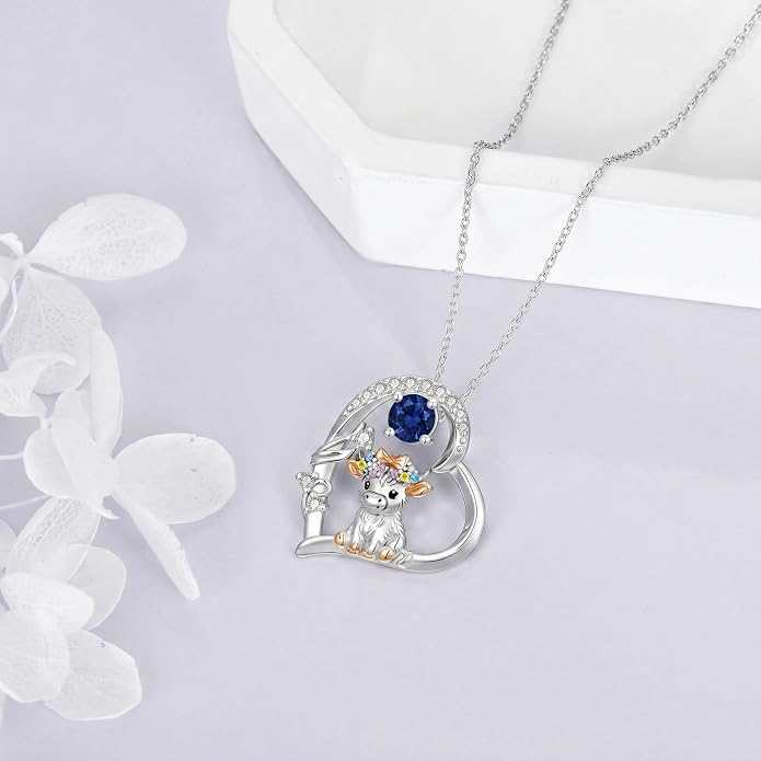 Highland Cow Gifts for Women 925 Sterling Silver Highland Cow Birthstone Necklace Fluffy Cow Jewelry Gifts Birthday Christmas