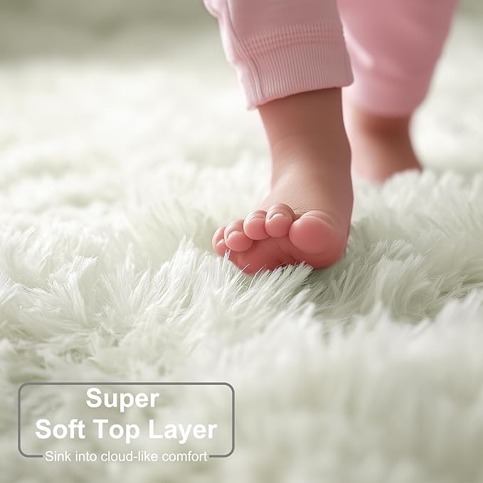 Amdrebio Ivory White Large Round Rug 8Ft for Kids Bedroom Aesthetic, Fluffy Fuzzy Furry Circle Area Rugs for Living Room, Big Plush Soft Shaggy Cream Carpet for Apartment Baby Nursery Teen Girls Boys