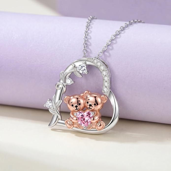 PELOVNY Teddy Bear Necklace for Women 925 Sterling Silver Bear/Highland Cow/Fox/Cat/Axolotl Birthstone Necklace Christmas Birthday Jewelry Gifts for Mom Daughter Wife Sister