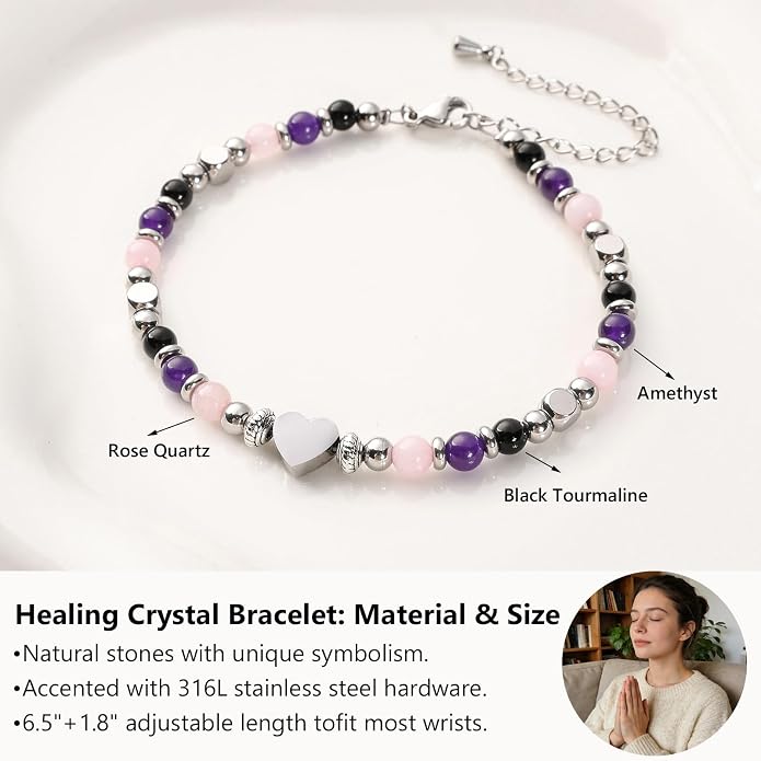 Jardme Natural Healing Crystals Bracelets for Women, Anxiety Relief Triple Protection Good Luck, Kalm Bracelet, Inspirational Spiritual Jewelry Gift for Friends Daughter Mom 6.5+2 Inches