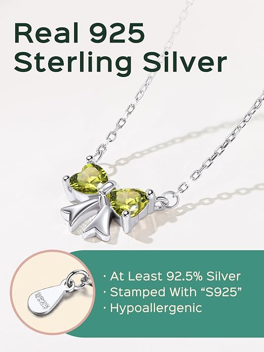 ChicSilver Bow and Cat Birthstone Necklace, 925 Sterling Silver Pendant Necklaces for Women, Hypoallergenic Silver Choker with 16 inch Rolo Chain, 12 Months Jewelry for Valentines Mothers Day Christmas