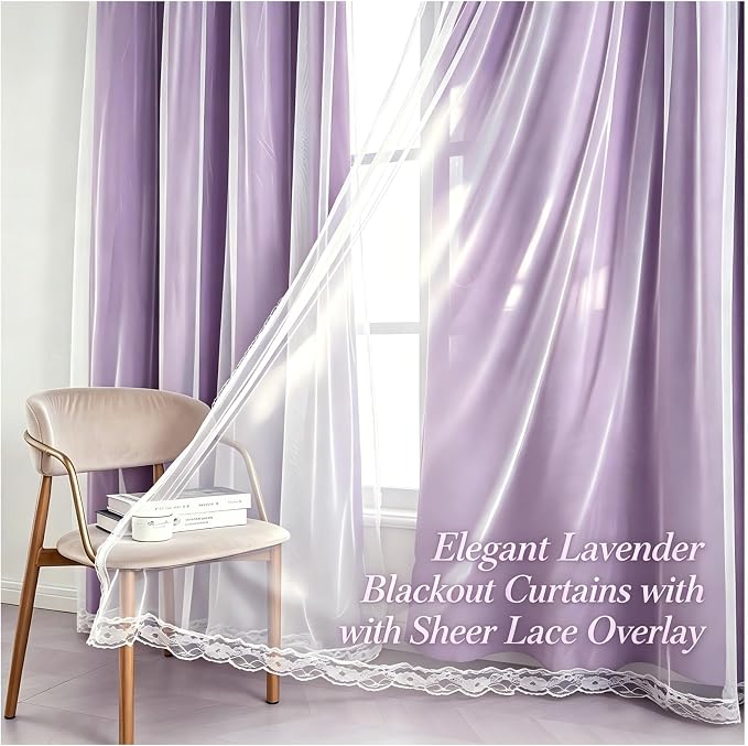 2 Panels Purple Blackout Curtains 52x84 Inches- Double Layer Lace Grommet for Bedroom, Nursery, Kids Room