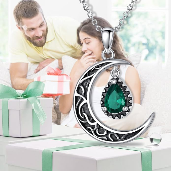 VONALA Crescent Moon Necklace Sterling Silver Emerald/Red/Purple/Black/Rainbow Topaz/Green/Aquamarine/Blue/Moss Agate Celtic Moon Teardrop Necklace Celtic Jewelry Gifts for Women Birthday