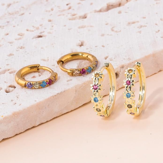 CiNily Small Hoop Earrings for Women Girls Flower Cubic Zirconia Huggie Earrings Hypoallergenic 14K Yellow Gold Plated Cartilage Earrings