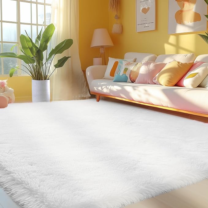 Topmaxcs Fluffy Area Rugs White for Bedroom: Fluffy Rug 4x6 Furry Area Rug for Bedroom- Ultra Soft Fuzzy Rugs- High Pile Fluffy Plush Rugs for Dorms (White, 4x6)