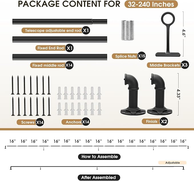 240-Inch Extra Long Blackout Curtain Rod - Heavy Duty Industrial Adjustable Drapery Rod for Indoor/Outdoor Use - 1-Inch Diameter Room Darkening Window Treatment, Room Divider