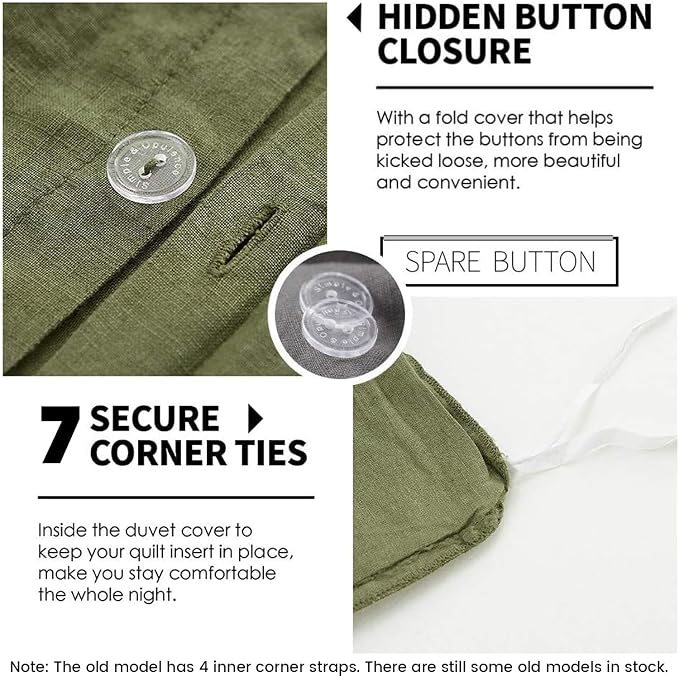 Simple&Opulence 100% Linen Duvet Cover Set 2pcs Basic Style Natural French Washed Flax Solid Color Soft Breathable Farmhouse Bedding with Button Closure - Olive Green, Twin