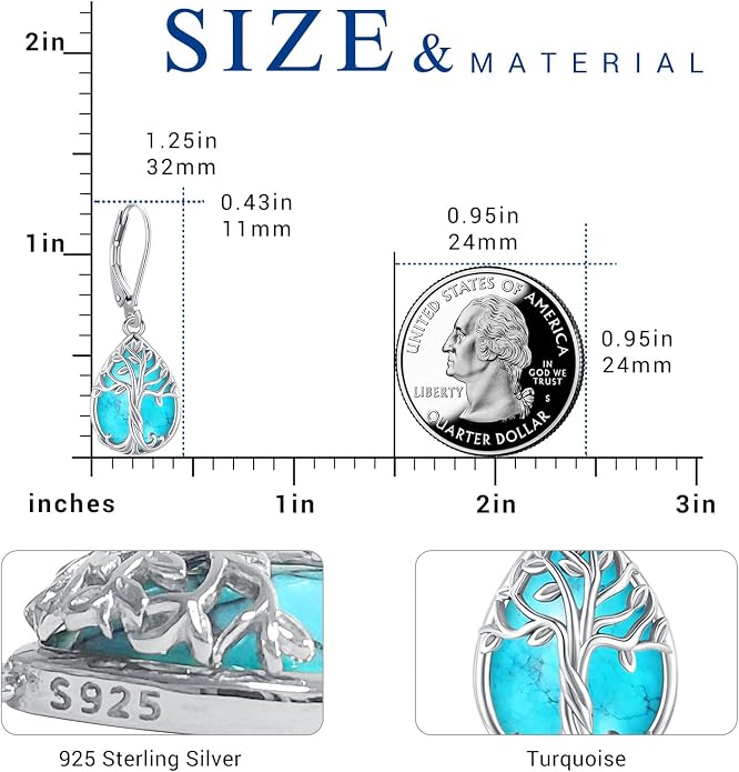 Eusense Sterling Silver Dangle Earrings for Women Tree of Life Animals Moonstone Turquoise Leverback Earrings Jewelry Gifts