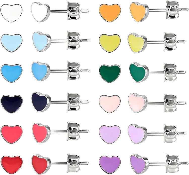 JMLOON 12 Pairs Enamel Flat Back Stud Earrings Surgical Stainless Steel Round Heart Star Square Hexagon Screw Back Stud Earrings