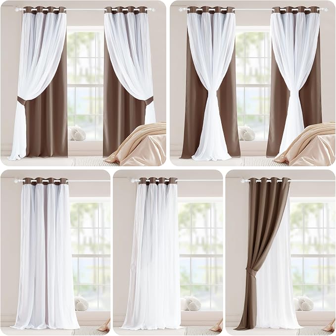 PONY DANCE Window Curtains & Drapes - Grommet Top Blackout Curtains with Crushed Sheer Tie Backs for Living Room Cortinas para Sala, 52 W x 84 L in, Mocha, 2 PCs