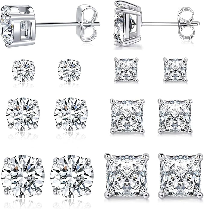 MDFUN 6 Pairs Stud Earrings Set 3mm/5mm/7mm Princess & Round Cubic Zirconia Earrings Hypoallergenic 316L Surgical Stainless Steel CZ Earrings for Women Men