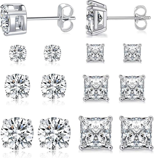 MDFUN 6 Pairs Stud Earrings Set 3mm/5mm/7mm Princess & Round Cubic Zirconia Earrings Hypoallergenic 316L Surgical Stainless Steel CZ Earrings for Women Men