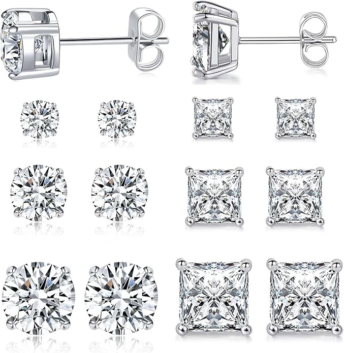 MDFUN 6 Pairs Stud Earrings Set 3mm/5mm/7mm Princess & Round Cubic Zirconia Earrings Hypoallergenic 316L Surgical Stainless Steel CZ Earrings for Women Men