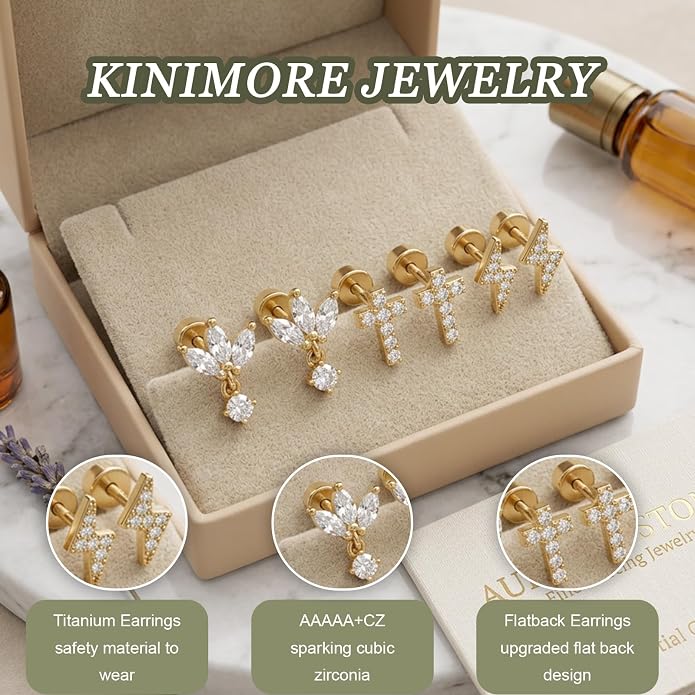 3 Pairs 20G Flat Back Earrings, G23 Titanium Hypoallergenic CZ Studs, 14K Gold Cartilage Helix Tragus Conch Piercing Jewelry for Women