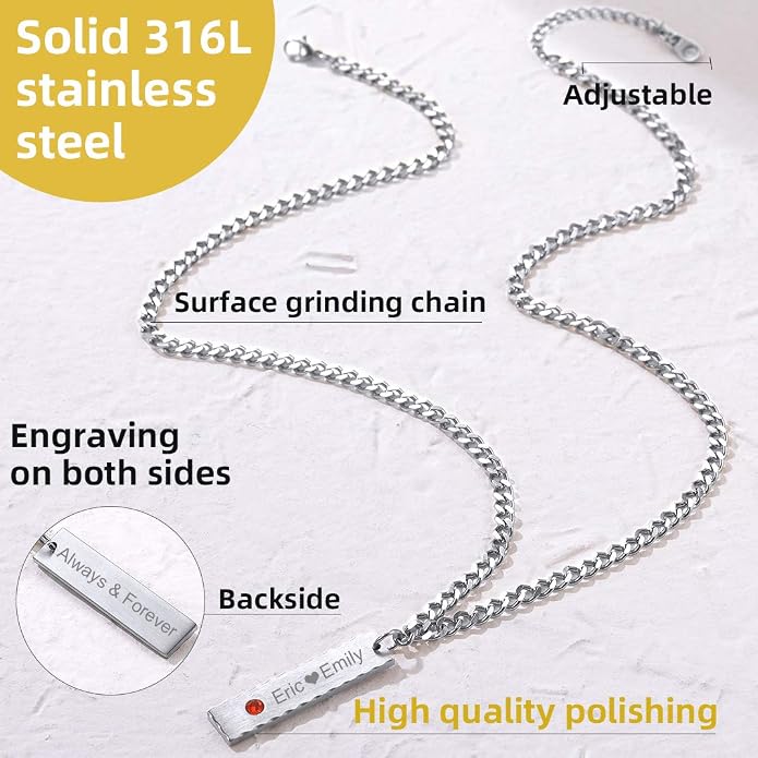 GOLDCHIC JEWELRY Personalized Birthstone Name Necklaces for Men Women, Engraved Family Names Necklace with Birthstone Vertical Bar Necklace, Pendant for Husband/Father/Grandma/Wife Birthday Gifts