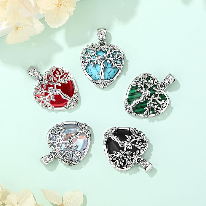EUDORA Tree of Life Necklace with Moonstone Amethyst Obsidian Turquoise Healing Crystal for Women, Silver Plated Copper Mother Tree of Life Pendant Amulet Energy Jewelry, Gift for Women Mom, 20"+2"