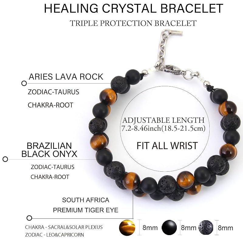 Triple Protection Bracelet for Men Women, Authentic Mens Bracelet Genuine Tiger Eye Black Onyx Lava Rock Crystal Bracelets, 8”Adjustable Beaded Bracelet for Men Grounding and Confidence