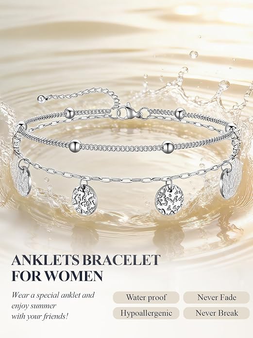 U7 Silver/Gold Ankle Bracelets for Women Layered Chain Anklets Stainless Steel Waterproof Summer Beach Anklet Cham, Adjustable 8.5"-10.5"