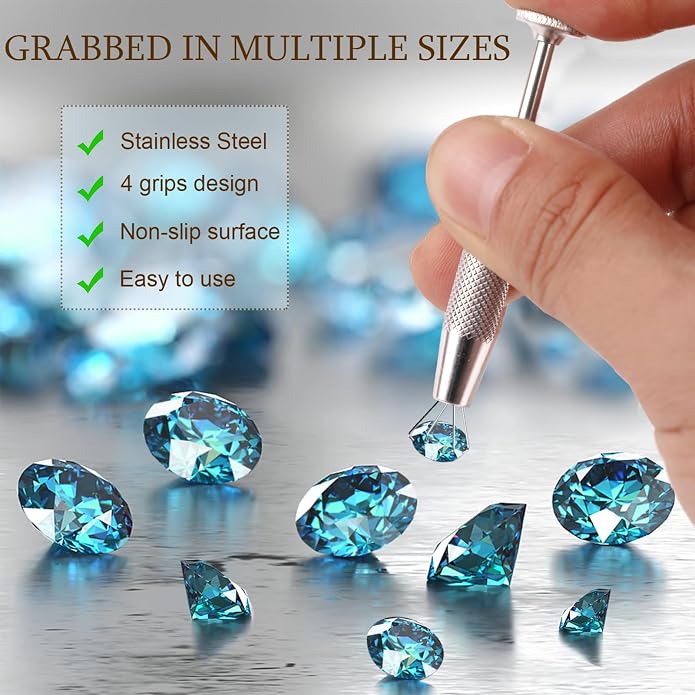 ONESING 2Pcs Piercing Ball Grabber Tool for Changing Jewelry, Stianless Steel Flat Back Earring Applicator Internally Threaded Push Pin Piercing Grabber Tool, Anti Slip 4 Claw Gem Ball Grabber Tool