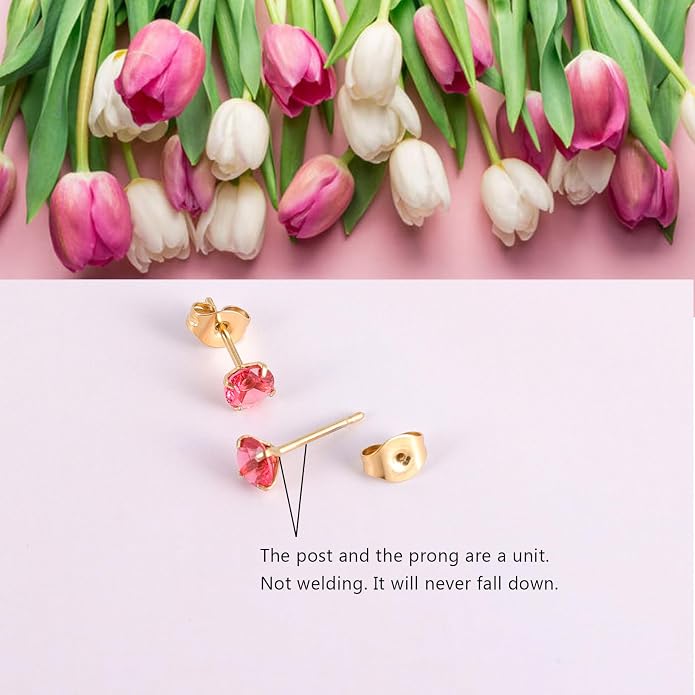 12 Pairs Surgical Stainless Steel Stud Earring Round Heart Star Square Cubic Zirconia Birthstone Stud Earrings Set for Women