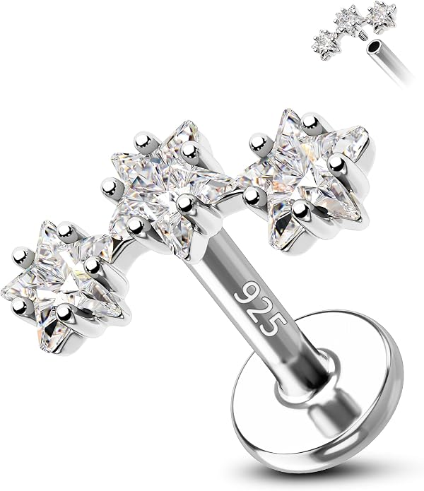 COCHARM 925 Sterling Silver Flat Cartilage Earrings Stud 16g 6mm 8mm 10mm Flat Back Helix Piercing Jewelry Star Tragus Earring Silver Climb Conch Jewelry Hypoallergenic Conch Earrings for Women Man