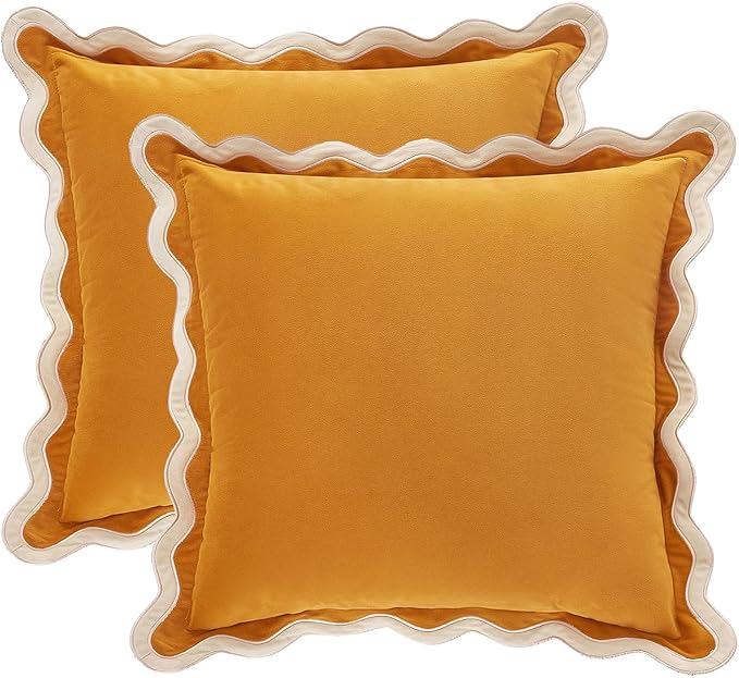 MONDAY MOOSE Decorative Throw Pillow Covers Cushion Cases, Set of 2 Soft Velvet Scalloped Wavy Edge Designs, Mix and Match for Home Decor, Pillow Inserts Not Included (16x16 inch, Cream/Honey)