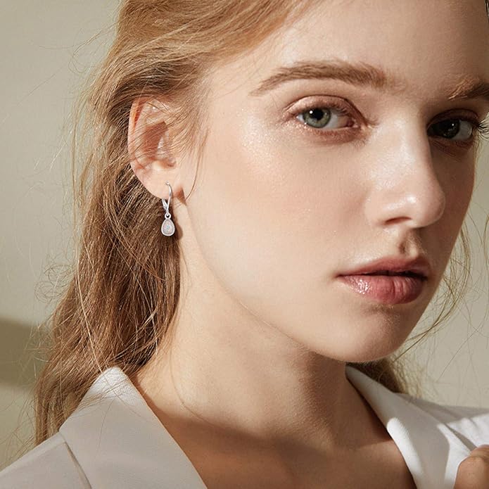Teardrop Leverback Drop Dangly Earrings, 925 Sterling Silver with Opal/Moonstone Hypoallegenic for Sensitive Ears Jewelry Gift for Women Girlfriend with Gift Box