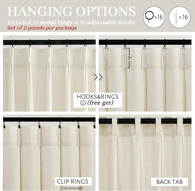 Cream Pinch Pleated Light Filtering Patio Sliding Glass Door Curtains 92 Inches Long 2 Panels Set, Memory Shape Natural Linen Blend Privacy Semi Sheer Country Curtain Window Drapes with Hooks & Rings
