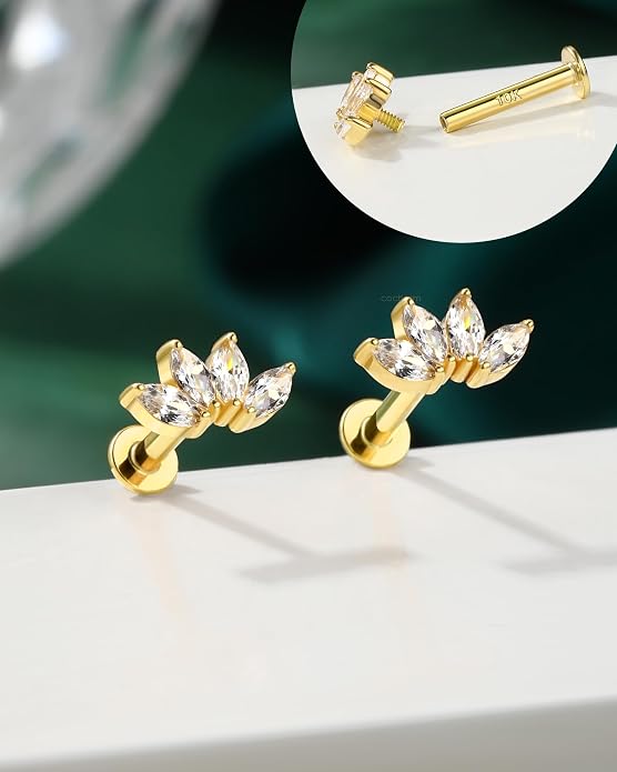 COCHARM 10K Gold Flower Helix/Cartilage Earring Stud 16g Flat Back Yellow Gold Cartilage Piercing Jewelry Real Gold Conch Stud Earring Hypoallergenic for Sensitive Ears