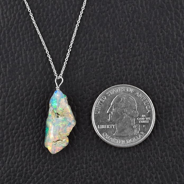Ultra Fire Raw Ethiopian Opal Rough Dainty Pendant Necklace For Women, Healing Chakra Crystals, Handmade October Birthstone Jewelry, 925 Silver Chain 18 inch, Wedding Gift